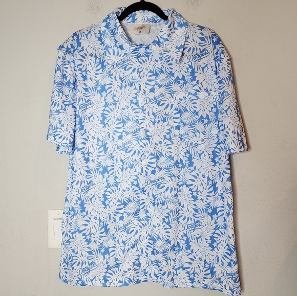 LA Dodgers Hawaiian Print Sort Sleeve Button Up Shirt Blue White Size Medium - Picture 13 of 16